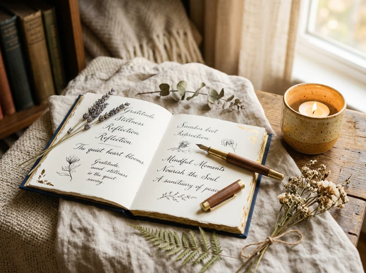 Carnet de réflexion, plume, lavande et bougie chaleureuse pour les ressources et lectures
