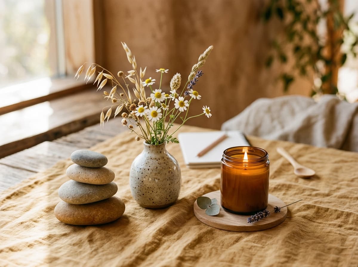 Harmonie et sérénité, bougie chaleureuse et galets d'équilibre pour les tarifs des séances